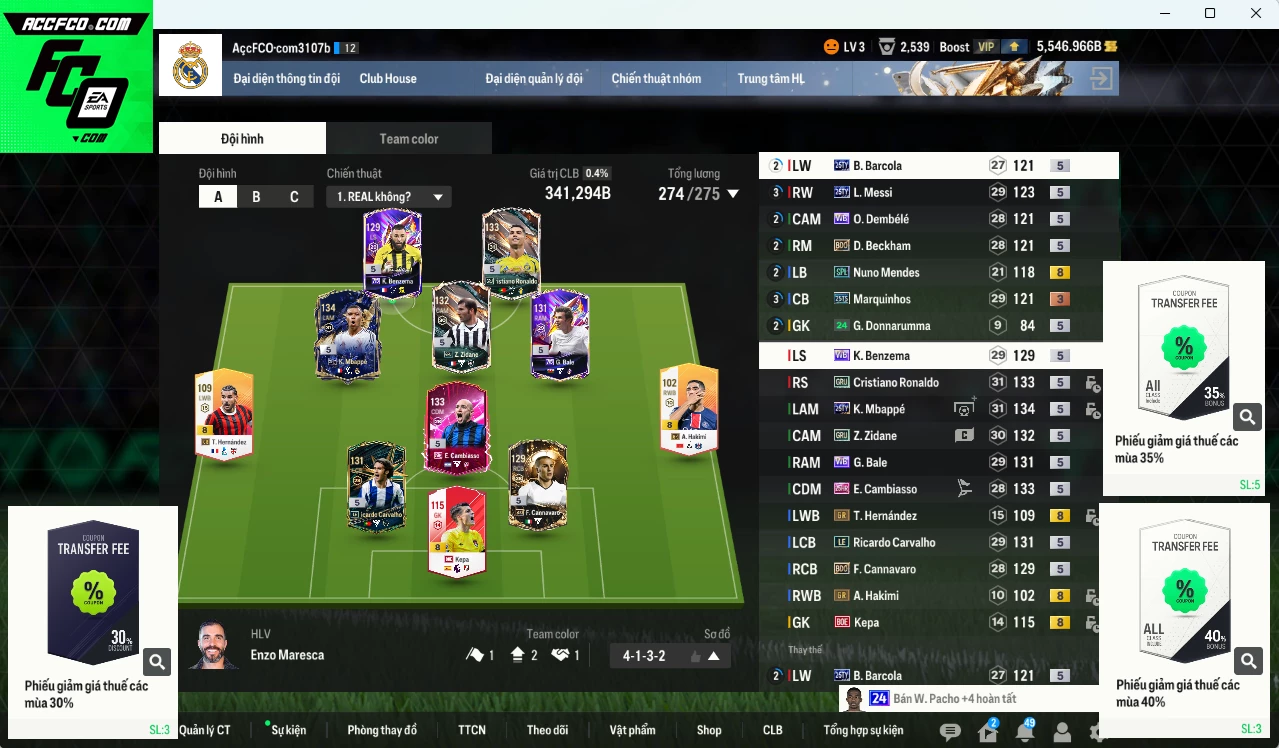 [ACC Rẻ🔥] Real Madrid mix PSG 341.290b dư 5500b có Mbappé 25TY, CR7 GRU, Carvalho LE, Cambiasso 25HR, Bale WB, Zidane GRU, Messi 25TY, Barcola 25TY... Còn nhiều CP GIẢM THUẾ